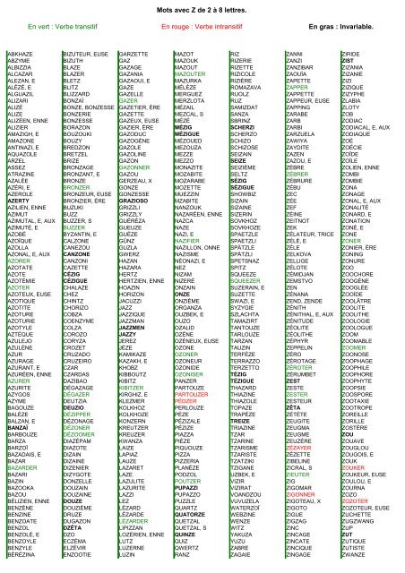 Mots avec Z de 2 à 8 lettres. En vert : Verbe transitif En  - Flandres