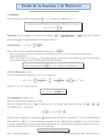 fonction zeta de Riemann - Maths-france.fr