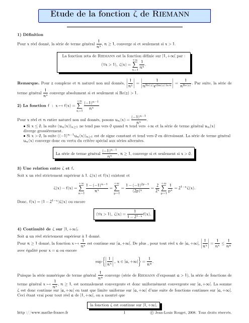 fonction zeta de Riemann Mathsfrance.fr