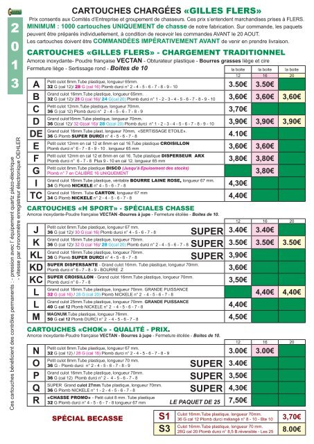 Tarif cartouches de chasse - Armurerie Gilles