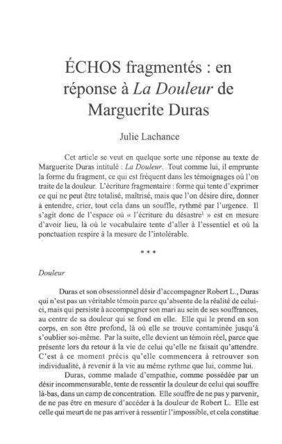 ECHOS fragmentés: en réponse à La Douleur de Marguerite Duras