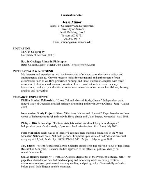 Jesse Minor CV - University of Arizona