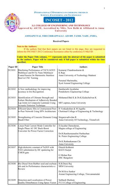 INCOSET - 2012 - incoset - JJ College of Engineering & Technology