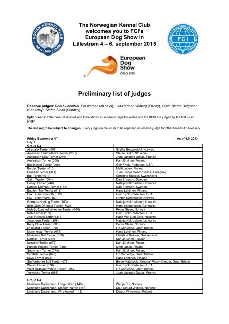 Preliminary list of judges (May 14, 2013). - European Dog Show 2015