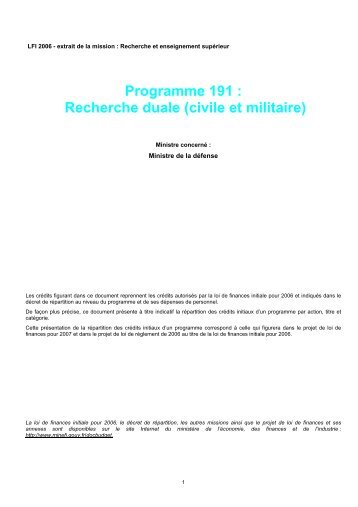 Programme 191 : Recherche duale (civile et militaire)