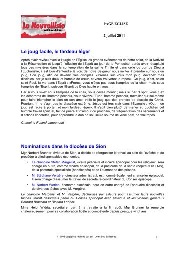 Le joug facile, le fardeau léger Nominations dans le diocèse de Sion