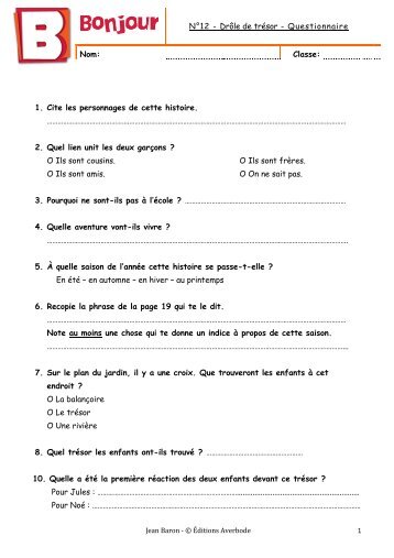 N°12 - Drôle de trésor - Questionnaire Nom: Classe: 1 ... - Averbode