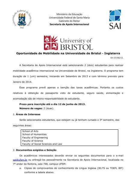 Oportunidade de Mobilidade na Universidade de Bristol ... - UFSM