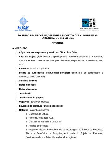 Check List de projetos para Recebimento na DEPE HUSM - UFSM