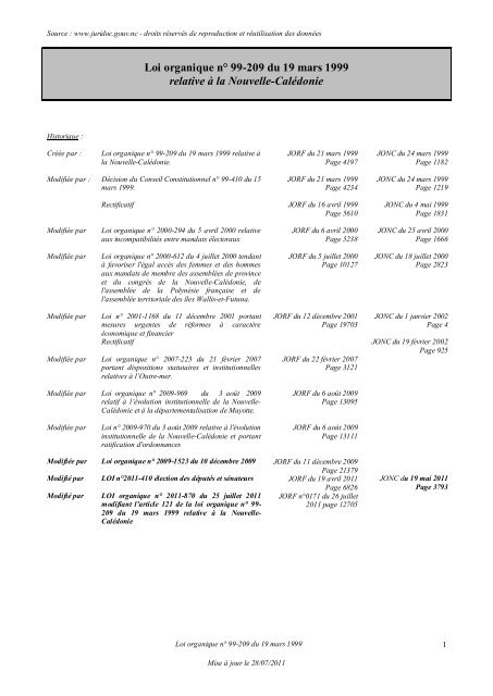 Loi organique n° 99-209 du 19 mars 1999 relative à la Nouvelle ...