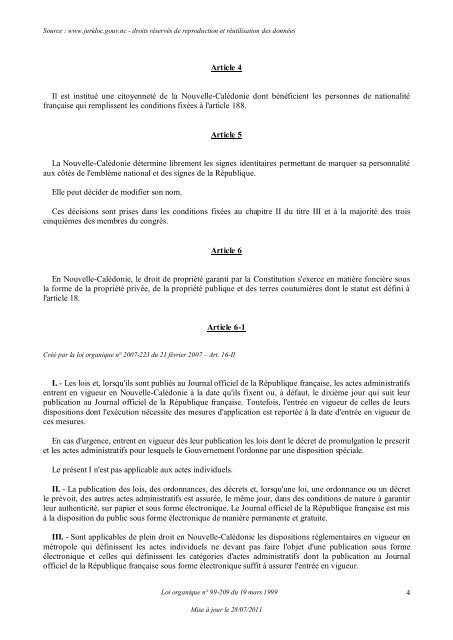 Loi organique n° 99-209 du 19 mars 1999 relative à la Nouvelle ...