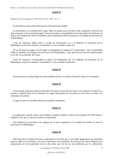 Loi organique n° 99-209 du 19 mars 1999 relative à la Nouvelle ...