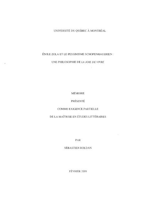 Émile Zola et le pessimisme schopenhauerien ... - Archipel - UQAM