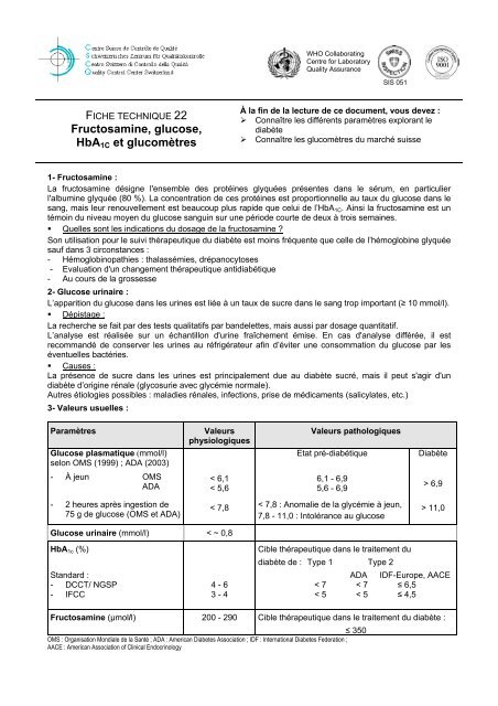 Fructosamine, glucose, HbA1C et glucomètres - CSCQ