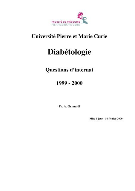 Université Pierre et Marie Curie Diabétologie Questions d'internat ...