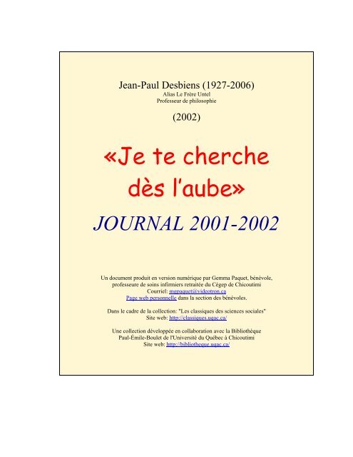 «Je te cherche dès l'aube». Journal 2001-2002 - Les Classiques ...