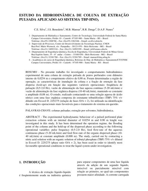 Estudo da Hidrodinâmica de Colunas Pulsadas Aplicada ao - UFSM