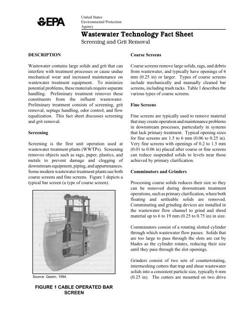 Screening and Grit Removal - Water - US Environmental Protection ...