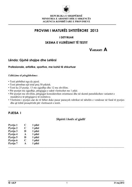 Skemë vlerësimi Gjuhë Shqipe dhe Letërsi, Profesionale - Varianti A