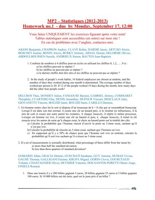 Mp2 Statistiques 2012 2013 Homework No 1 Due By Monday