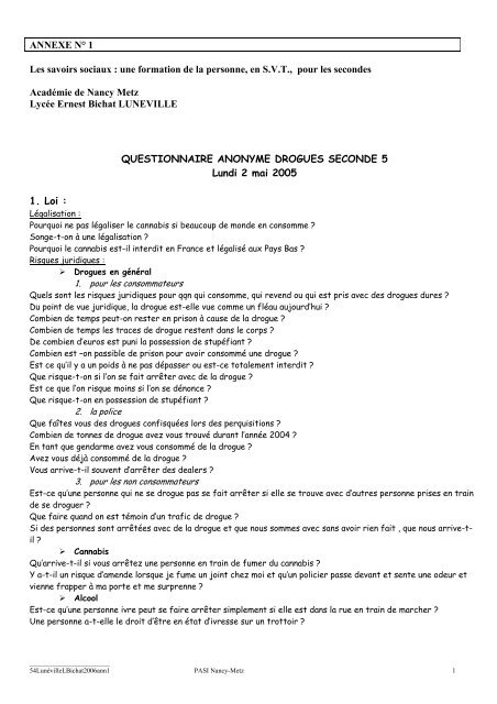 questionnaire anonyme sur les drogues en seconde - Académie de ...