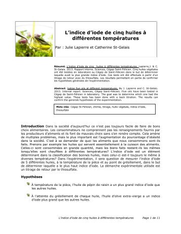 L'indice d'iode de cinq huiles à différentes températures