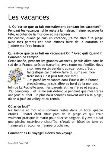 Les vacances - model answers - mflatwyvern