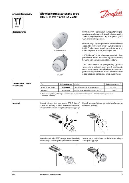 Głowice termostatyczne typu RTD-R Inova™ oraz RA 2920 - Danfoss