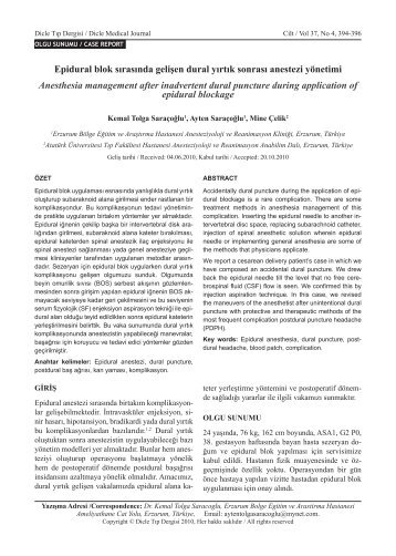 Epidural blok sırasında gelişen dural yırtık sonrası ... - Dicle Tıp Dergisi