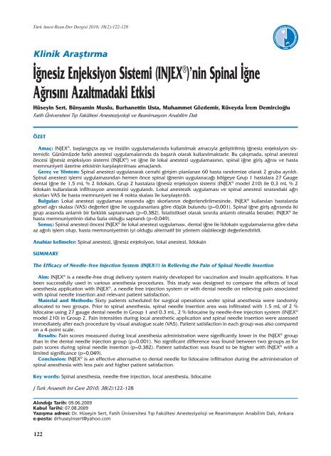 İğnesiz Enjeksiyon Sistemi (INJEX®)'nin Spinal İğne Ağrısını ...