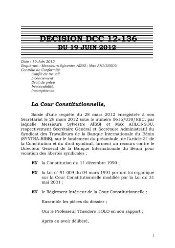 Lire décision - Cour Constitutionnelle du Bénin