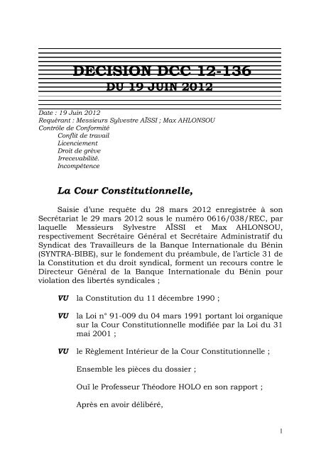 Lire décision - Cour Constitutionnelle du Bénin