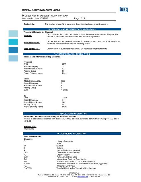 MATERIAL SAFETY DATA SHEET – MSDS Product Name ... - WEG