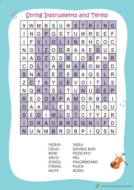 Word Search String Instruments and Terms - Music Bumblebees