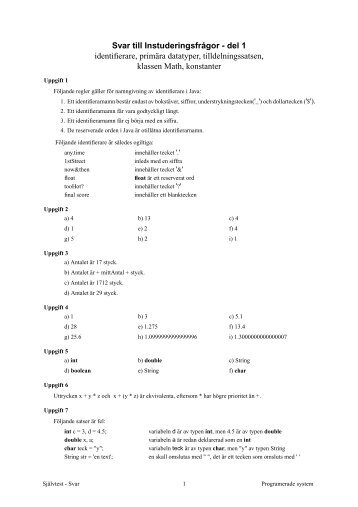 Svar till Instuderingsfrågor - del 1 identifierare, primära datatyper ...