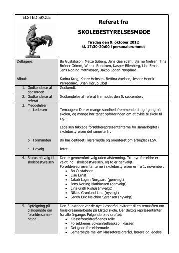 Referat af SB-møde 091012 - Elsted Skole