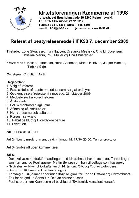 Referat af bestyrelsesmøde i IFK98 7. december 2009