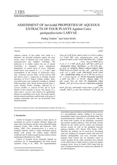 ASSESSMENT OF larvicidal PROPERTIES OF AQUEOUS ...