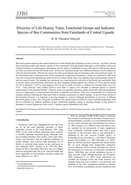 Diversity of Life-History Traits, Functional Groups and Indicator ...