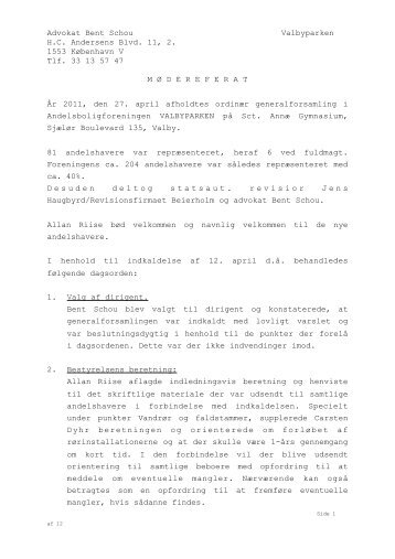 Referat af generalforsamling, d. 27. april 2011 - AB Valbyparken
