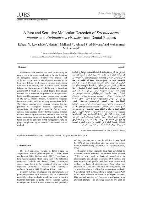 A Fast and Sensitive Molecular Detection of Streptococcus mutans ...