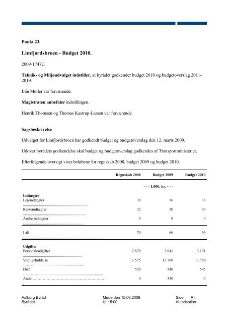 Referat - Holdning til 33. Limfjordsforbindelse blandt kandidater til ...