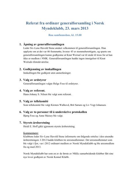 Referat fra ordinær generalforsamling i Norsk Myndeklubb, 23. mars ...