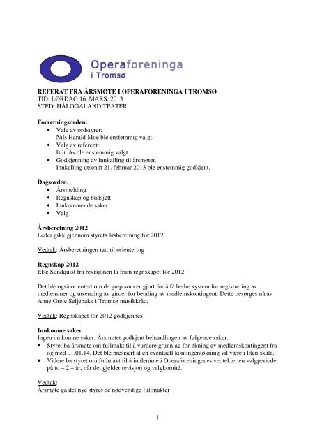 Referat fra Årsmøte 16. mars 2013 - operaforeninga i tromsø