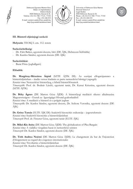 A IX. Debreceni Doktorandusz Konferencia programja (Debreceni ...