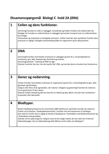 Eksamensspørgsmål Biologi C hold 2A (09A) - Herning HF og VUC