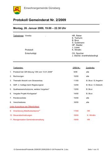 Protokoll Gemeinderat Nr. 2/2009 - Günsberg