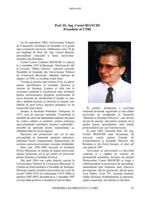 Prof. Dr. Ing. Cornel BIANCHI Preşedinte al CNRI