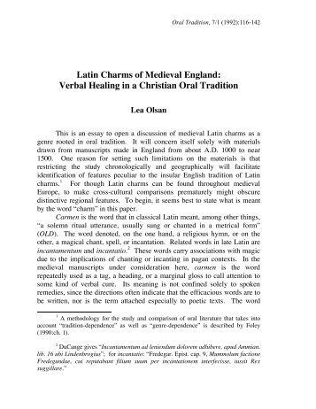 Latin Charms of Medieval England - Oral Tradition Journal