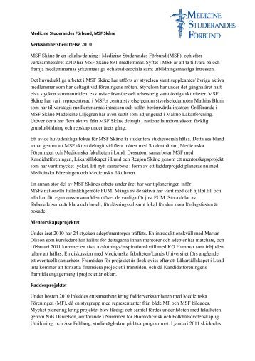 Verksamhetsberättelse 2010 MSF Skåne är en lokalavdelning i ...